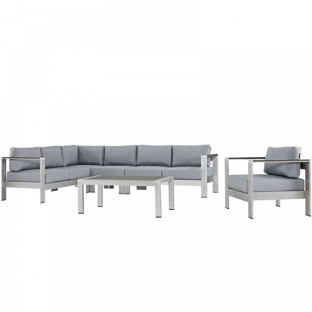 Shore 6 Piece Outdoor Patio Aluminum Sectional Sofa Set, Silver Gray, EEI-2558-SLV-GRY