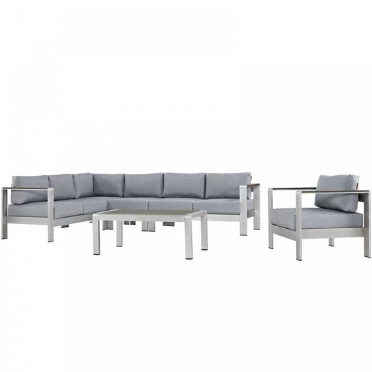 Shore 6 Piece Outdoor Patio Aluminum Sectional Sofa Set, Silver Gray, EEI-2558-SLV-GRY
