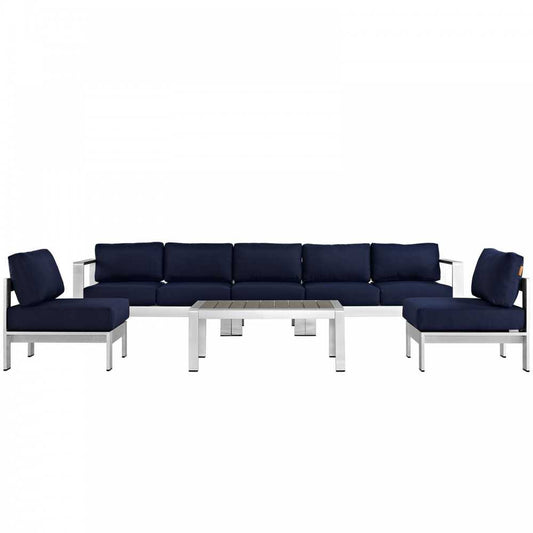 Shore 6 Piece Outdoor Patio Aluminum Sectional Sofa Set, Silver Navy, EEI-2565-SLV-NAV