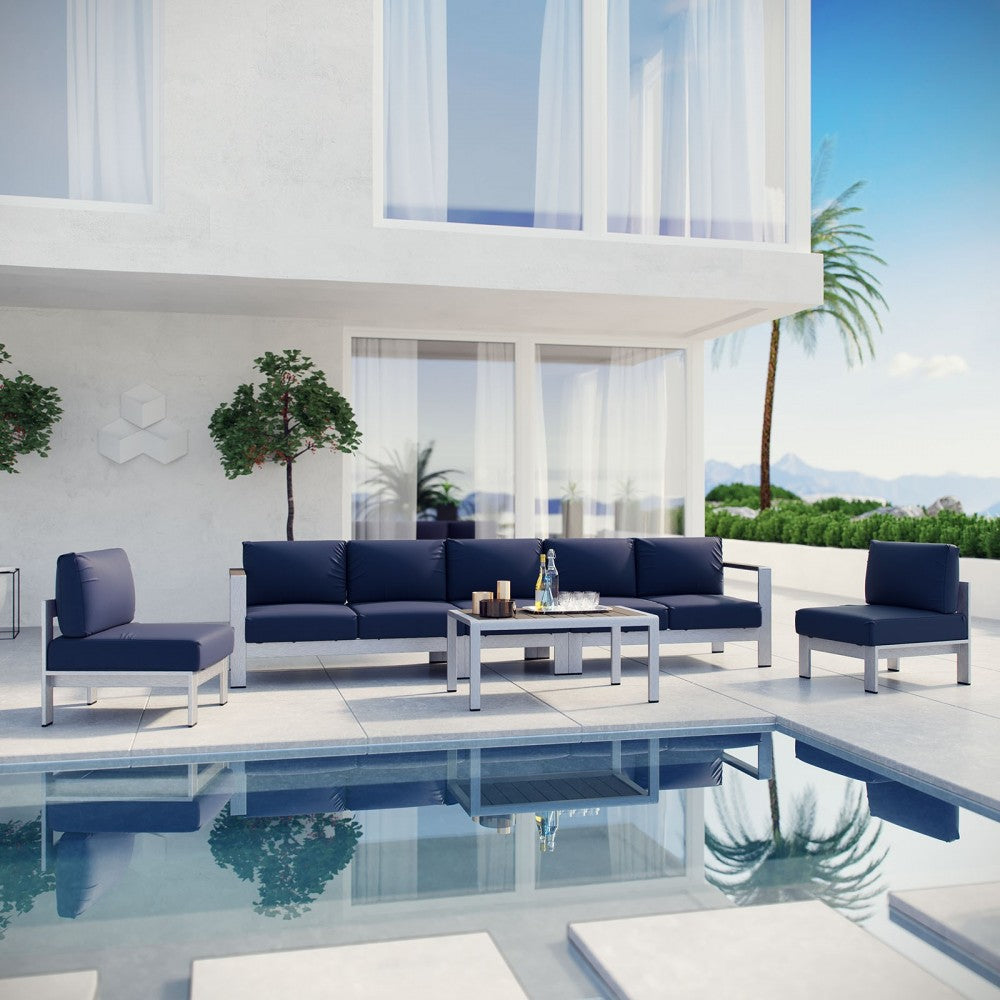 Shore 6 Piece Outdoor Patio Aluminum Sectional Sofa Set, Silver Navy, EEI-2565-SLV-NAV