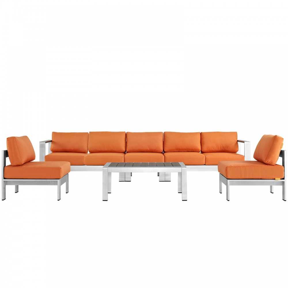 Shore 6 Piece Outdoor Patio Aluminum Sectional Sofa Set, Silver Orange, EEI-2565-SLV-ORA
