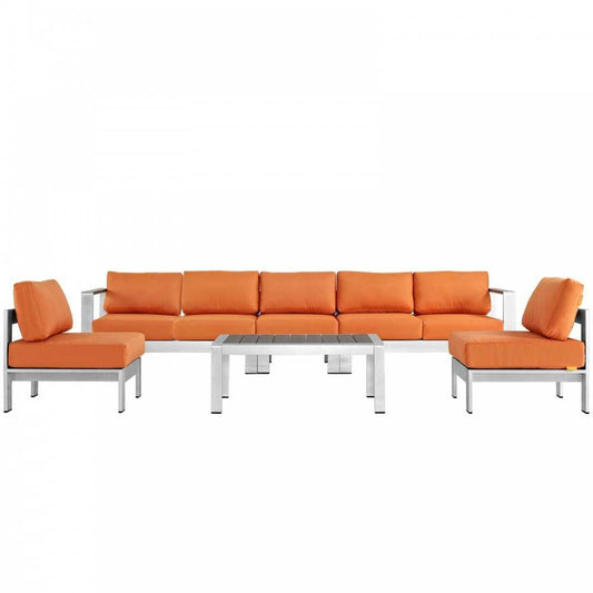 Shore 6 Piece Outdoor Patio Aluminum Sectional Sofa Set, Silver Orange, EEI-2565-SLV-ORA