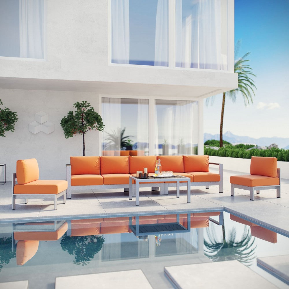 Shore 6 Piece Outdoor Patio Aluminum Sectional Sofa Set, Silver Orange, EEI-2565-SLV-ORA