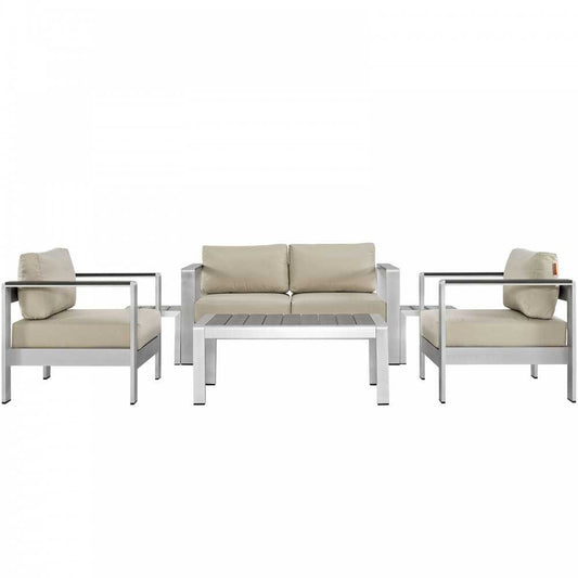 Shore 6 Piece Outdoor Patio Aluminum Sectional Sofa Set, Silver Beige, EEI-2568-SLV-BEI