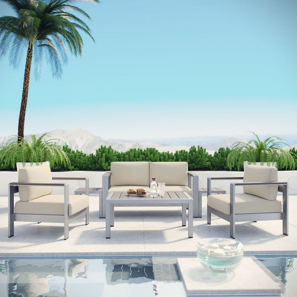 Shore 6 Piece Outdoor Patio Aluminum Sectional Sofa Set, Silver Beige, EEI-2568-SLV-BEI