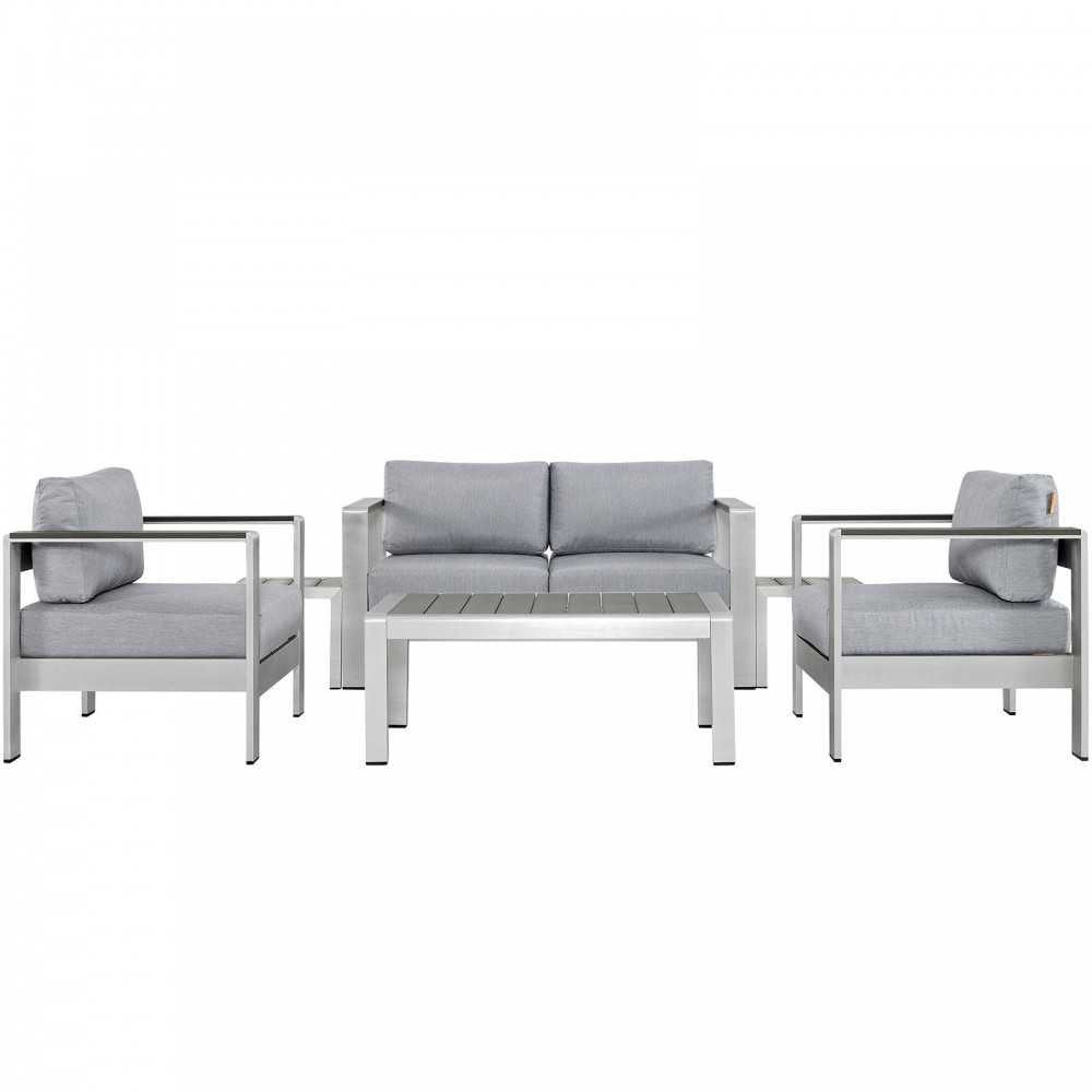 Shore 6 Piece Outdoor Patio Aluminum Sectional Sofa Set, Silver Gray, EEI-2568-SLV-GRY