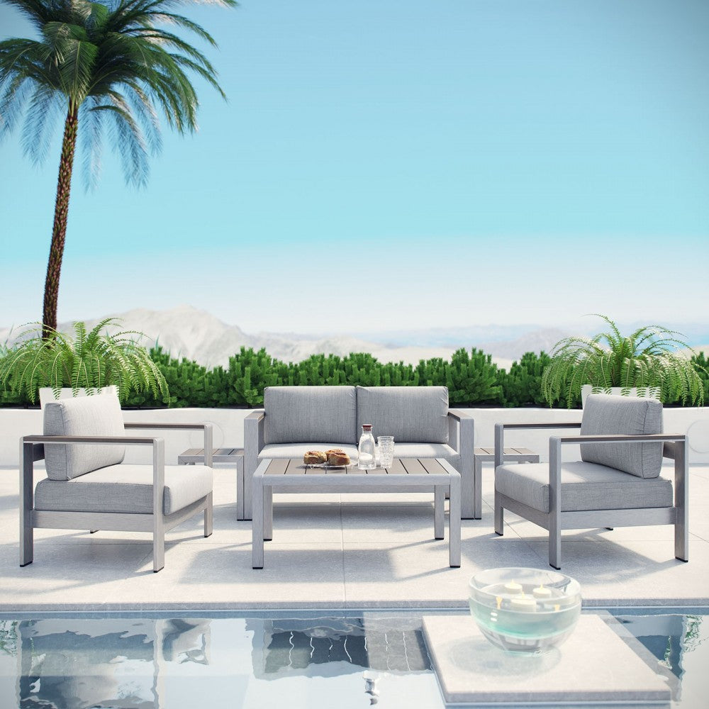 Shore 6 Piece Outdoor Patio Aluminum Sectional Sofa Set, Silver Gray, EEI-2568-SLV-GRY