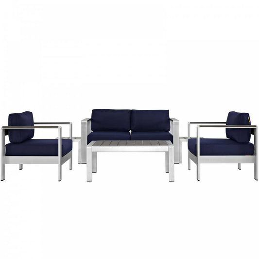 Shore 6 Piece Outdoor Patio Aluminum Sectional Sofa Set, Silver Navy, EEI-2568-SLV-NAV