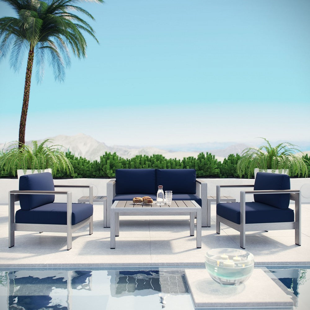 Shore 6 Piece Outdoor Patio Aluminum Sectional Sofa Set, Silver Navy, EEI-2568-SLV-NAV