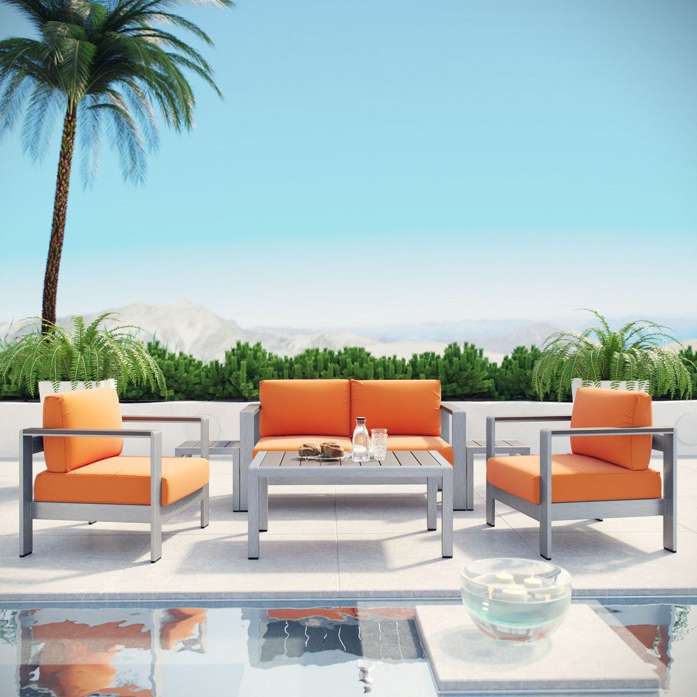 Shore 6 Piece Outdoor Patio Aluminum Sectional Sofa Set, Silver Orange, EEI-2568-SLV-ORA