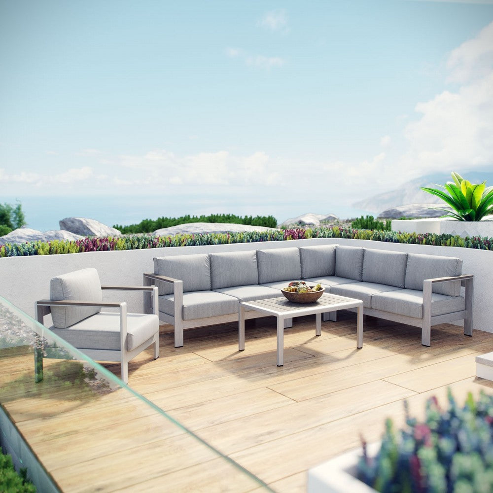 Shore 6 Piece Outdoor Patio Aluminum Sectional Sofa Set, Silver Gray, EEI-2558-SLV-GRY
