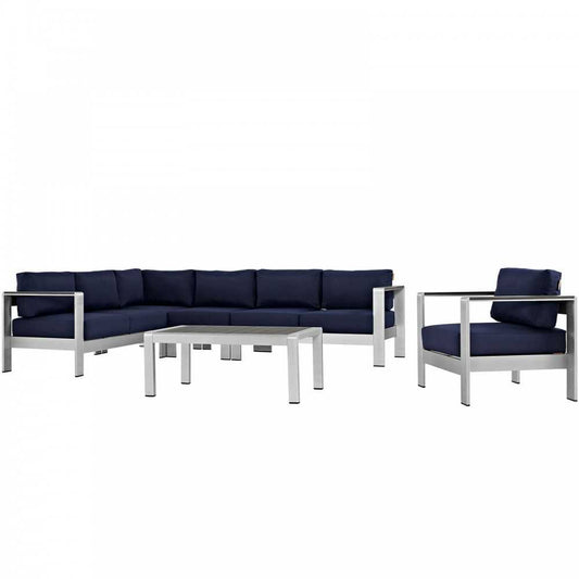 Shore 6 Piece Outdoor Patio Aluminum Sectional Sofa Set, Silver Navy, EEI-2558-SLV-NAV