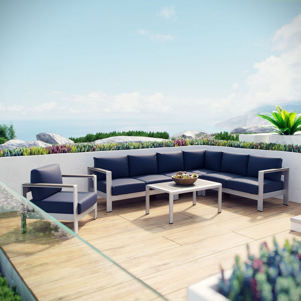 Shore 6 Piece Outdoor Patio Aluminum Sectional Sofa Set, Silver Navy, EEI-2558-SLV-NAV