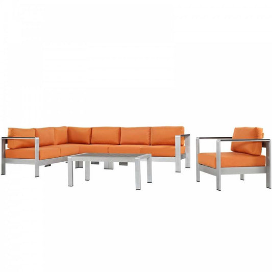 Shore 6 Piece Outdoor Patio Aluminum Sectional Sofa Set, Silver Orange, EEI-2558-SLV-ORA