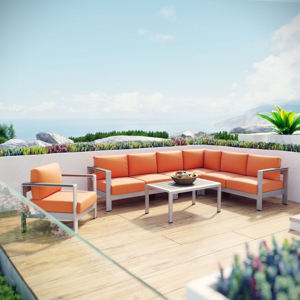 Shore 6 Piece Outdoor Patio Aluminum Sectional Sofa Set, Silver Orange, EEI-2558-SLV-ORA
