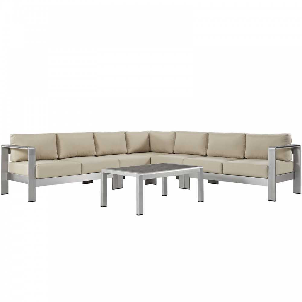 Shore 6 Piece Outdoor Patio Aluminum Sectional Sofa Set, Silver Beige, EEI-2561-SLV-BEI