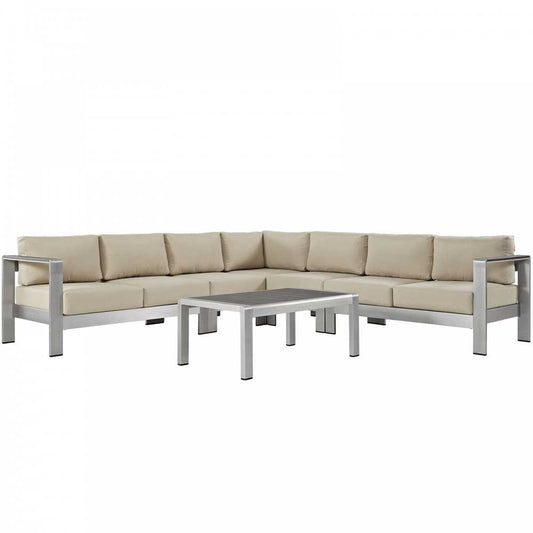 Shore 6 Piece Outdoor Patio Aluminum Sectional Sofa Set, Silver Beige, EEI-2561-SLV-BEI