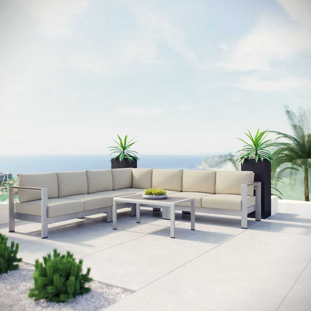 Shore 6 Piece Outdoor Patio Aluminum Sectional Sofa Set, Silver Beige, EEI-2561-SLV-BEI
