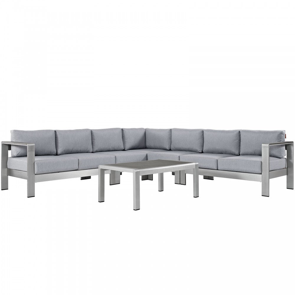 Shore 6 Piece Outdoor Patio Aluminum Sectional Sofa Set, Silver Gray, EEI-2561-SLV-GRY