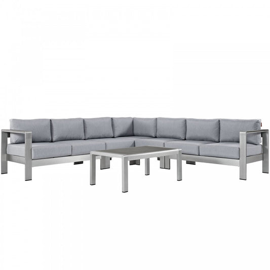 Shore 6 Piece Outdoor Patio Aluminum Sectional Sofa Set, Silver Gray, EEI-2561-SLV-GRY