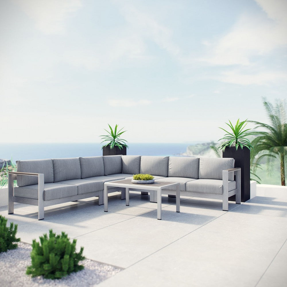 Shore 6 Piece Outdoor Patio Aluminum Sectional Sofa Set, Silver Gray, EEI-2561-SLV-GRY