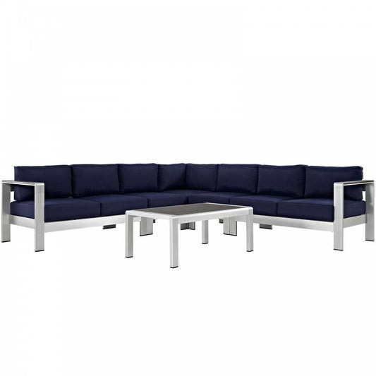 Shore 6 Piece Outdoor Patio Aluminum Sectional Sofa Set, Silver Navy, EEI-2561-SLV-NAV