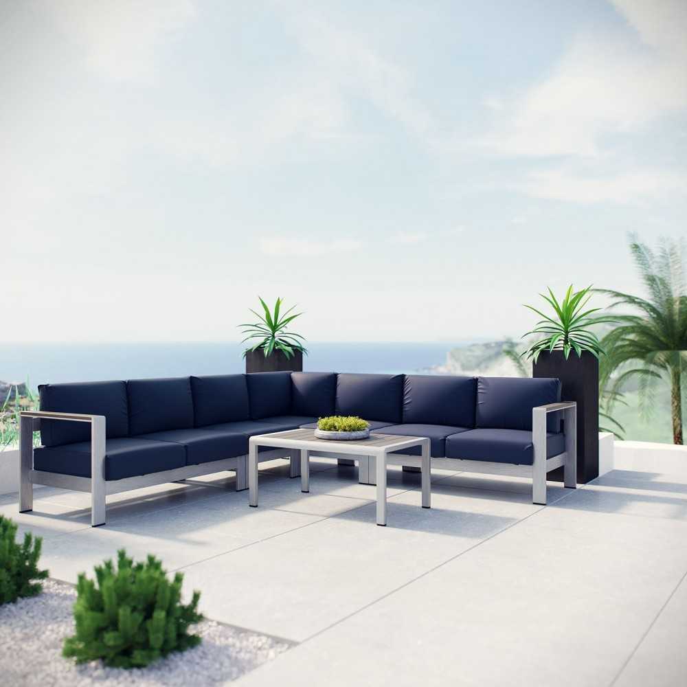 Shore 6 Piece Outdoor Patio Aluminum Sectional Sofa Set, Silver Navy, EEI-2561-SLV-NAV