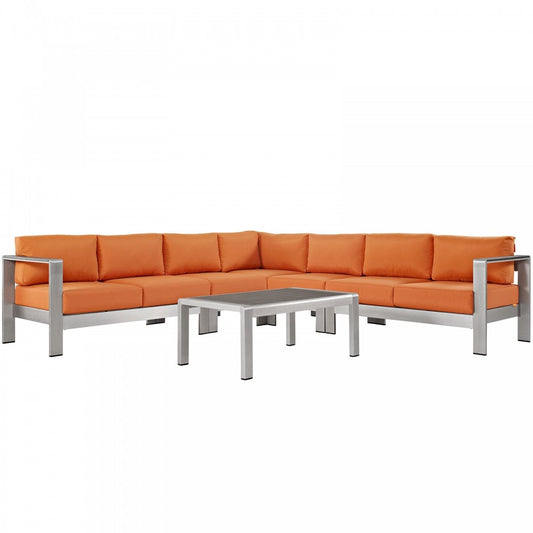 Shore 6 Piece Outdoor Patio Aluminum Sectional Sofa Set, Silver Orange, EEI-2561-SLV-ORA