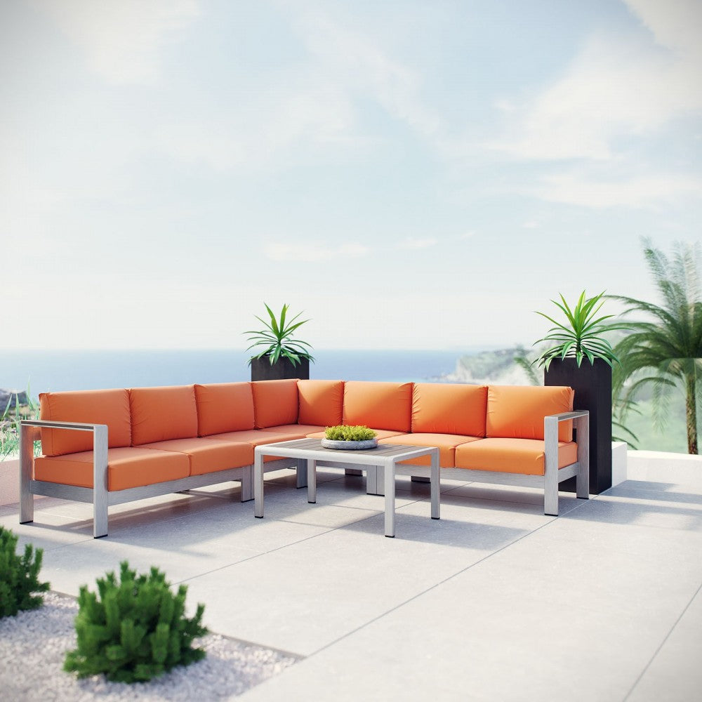 Shore 6 Piece Outdoor Patio Aluminum Sectional Sofa Set, Silver Orange, EEI-2561-SLV-ORA