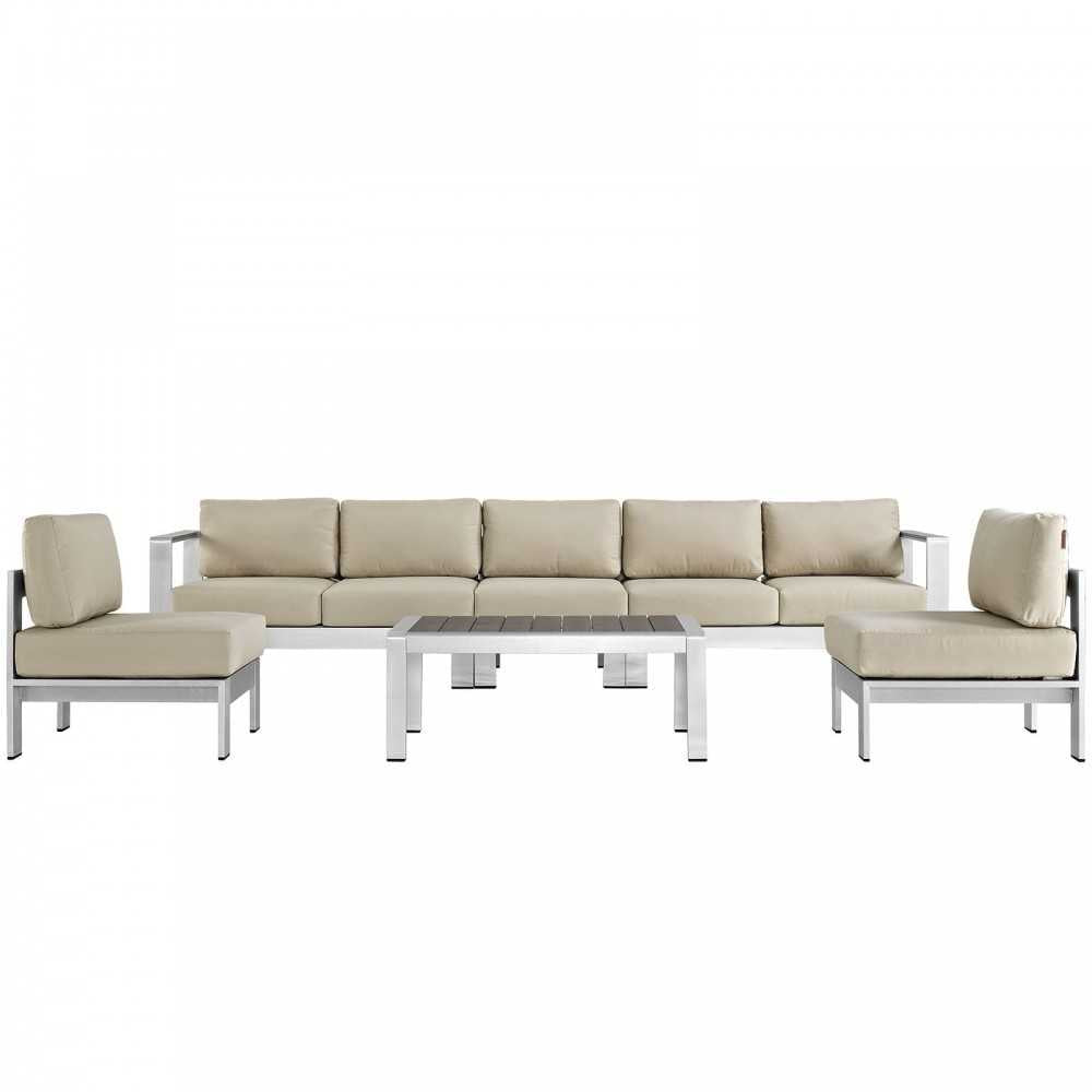 Shore 6 Piece Outdoor Patio Aluminum Sectional Sofa Set, Silver Beige, EEI-2565-SLV-BEI