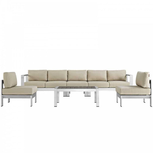 Shore 6 Piece Outdoor Patio Aluminum Sectional Sofa Set, Silver Beige, EEI-2565-SLV-BEI
