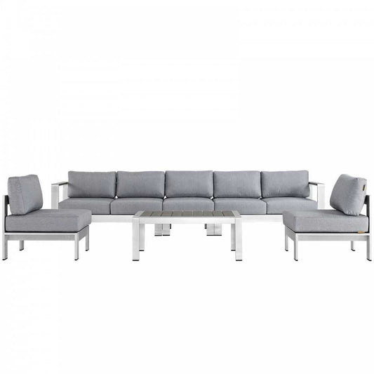Shore 6 Piece Outdoor Patio Aluminum Sectional Sofa Set, Silver Gray, EEI-2565-SLV-GRY