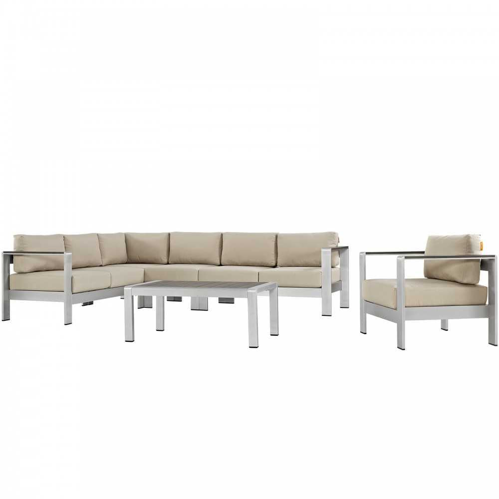 Shore 6 Piece Outdoor Patio Aluminum Sectional Sofa Set, Silver Beige, EEI-2558-SLV-BEI