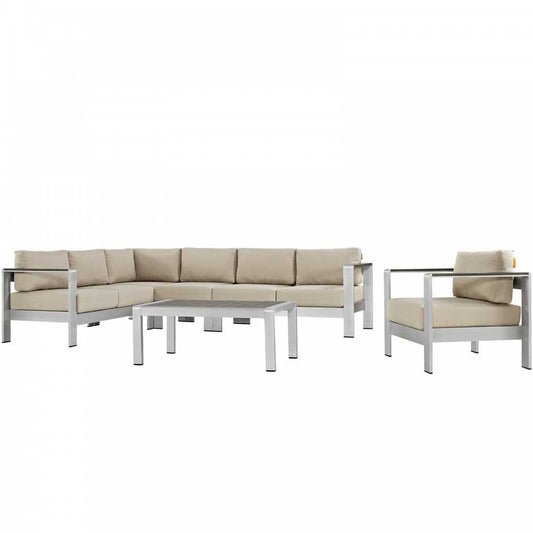 Shore 6 Piece Outdoor Patio Aluminum Sectional Sofa Set, Silver Beige, EEI-2558-SLV-BEI