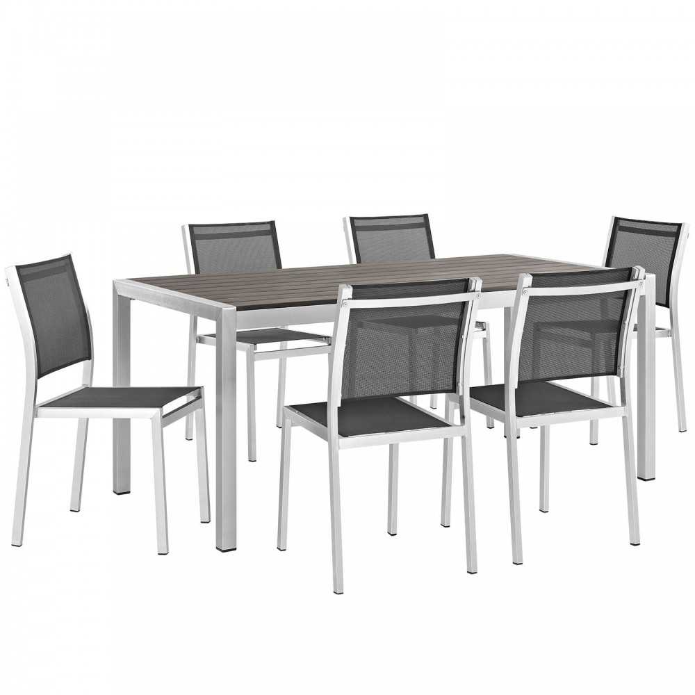 Shore 7 Piece Outdoor Patio Aluminum Dining Set, Silver Black, EEI-2485-SLV-BLK-SET