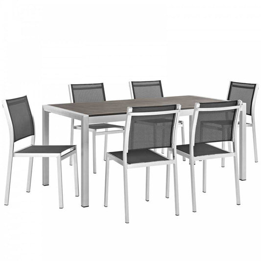 Shore 7 Piece Outdoor Patio Aluminum Dining Set, Silver Black, EEI-2485-SLV-BLK-SET