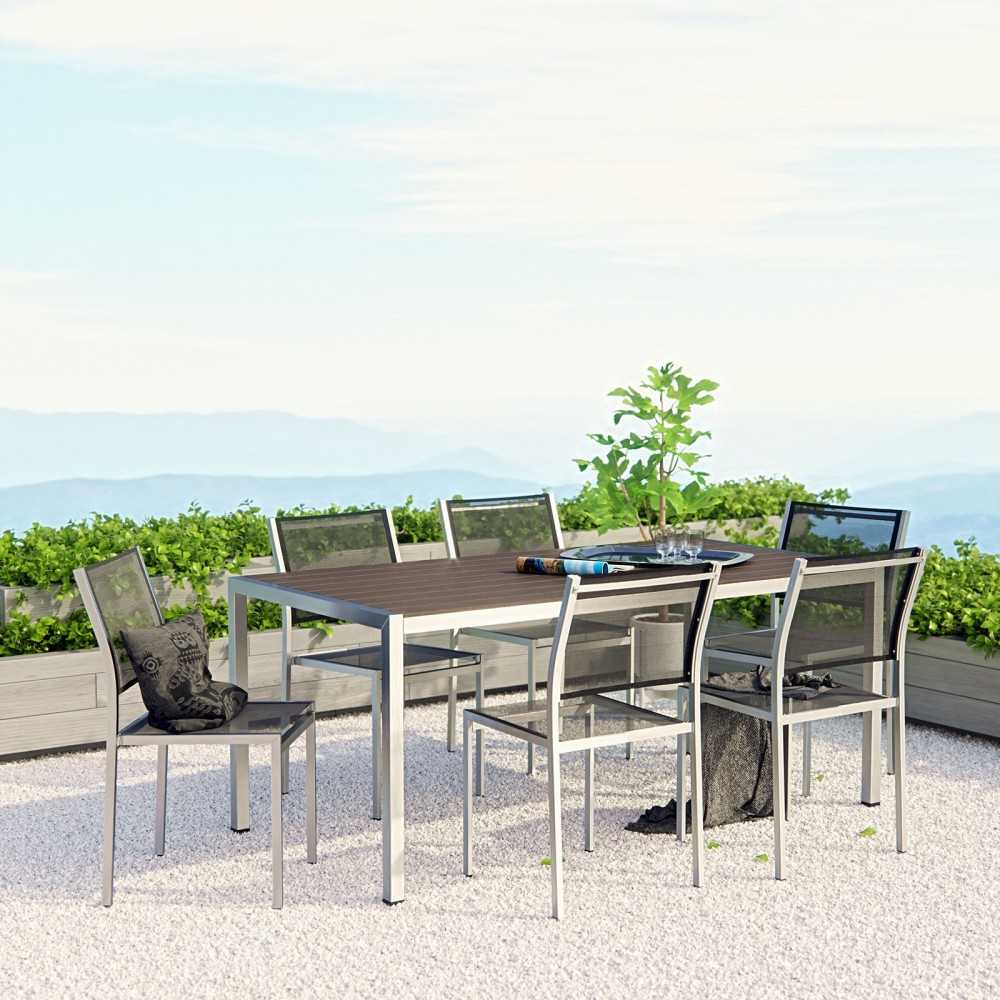 Shore 7 Piece Outdoor Patio Aluminum Dining Set, Silver Black, EEI-2485-SLV-BLK-SET