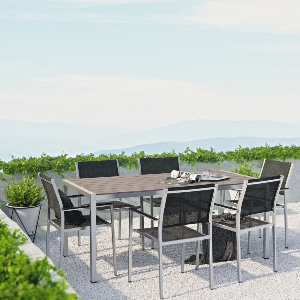 Shore 7 Piece Outdoor Patio Aluminum Dining Set, Silver Black, EEI-2486-SLV-BLK-SET