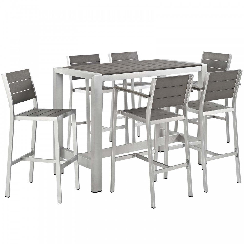 Shore 7 Piece Outdoor Patio Aluminum Dining Set, Silver Gray, EEI-2587-SLV-GRY-SET