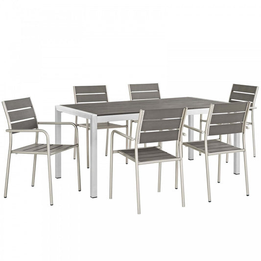 Shore 7 Piece Outdoor Patio Aluminum Dining Set, Silver Gray, EEI-2484-SLV-GRY-SET