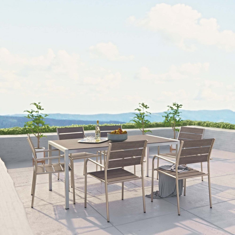 Shore 7 Piece Outdoor Patio Aluminum Dining Set, Silver Gray, EEI-2484-SLV-GRY-SET