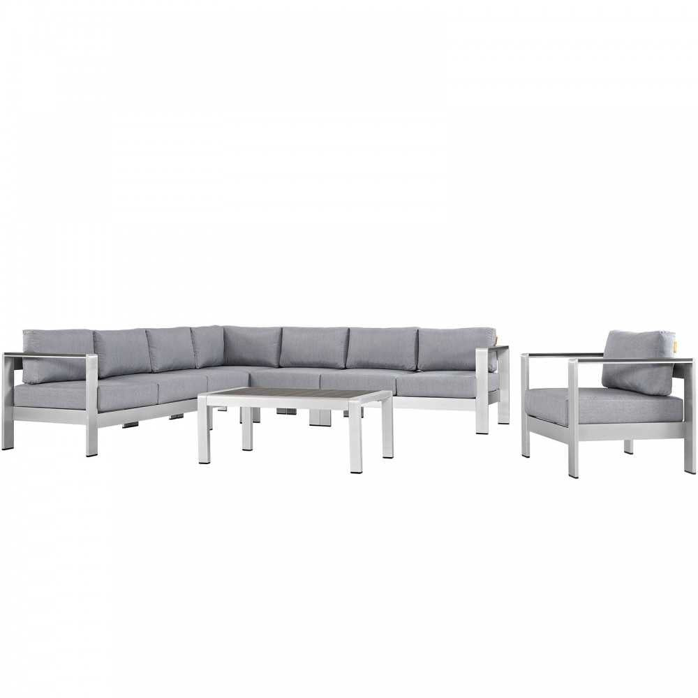 Shore 7 Piece Outdoor Patio Aluminum Sectional Sofa Set, Silver Gray