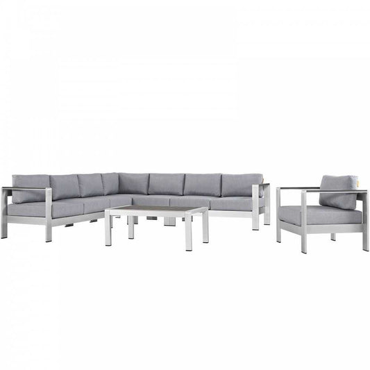 Shore 7 Piece Outdoor Patio Aluminum Sectional Sofa Set, Silver Gray