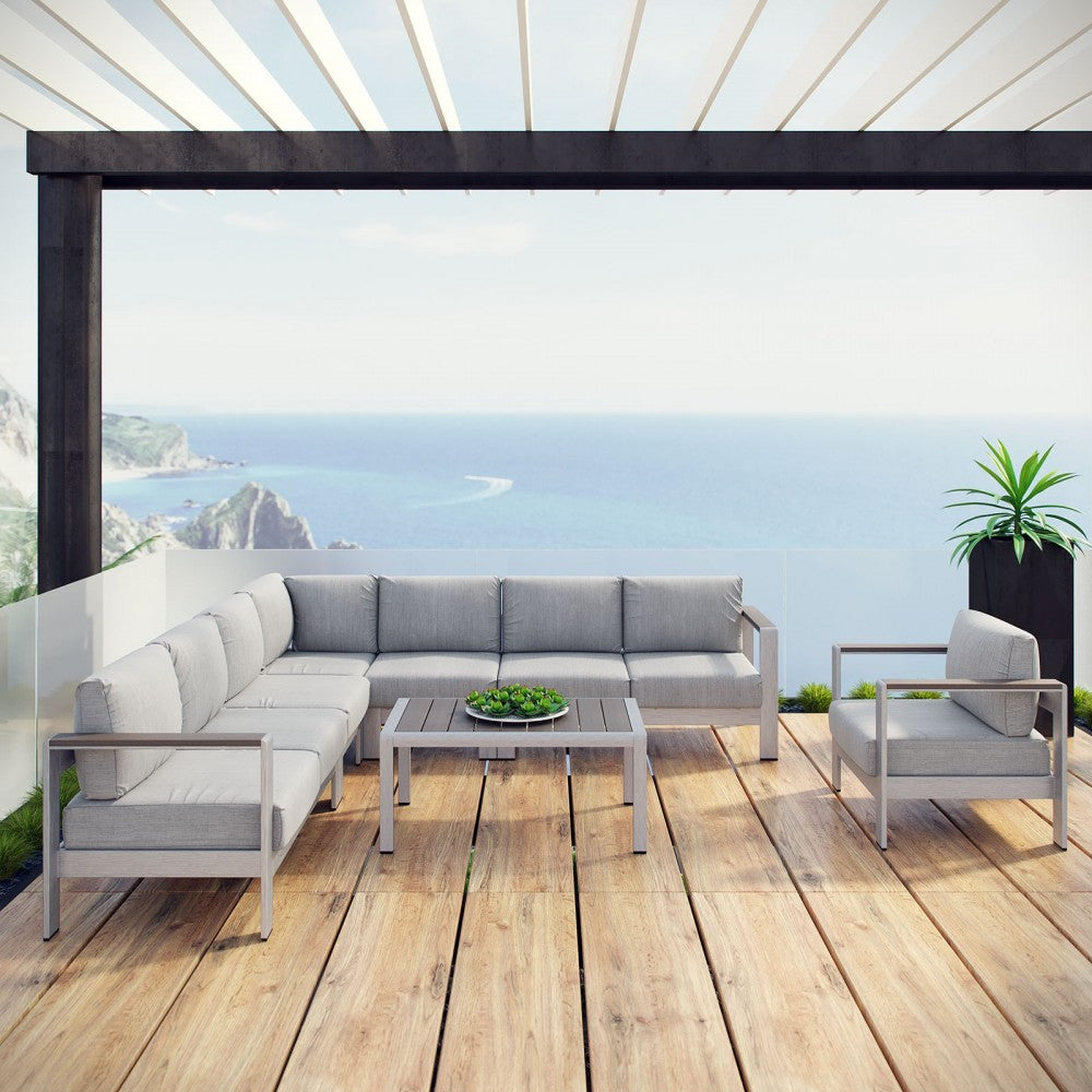 Shore 7 Piece Outdoor Patio Aluminum Sectional Sofa Set, Silver Gray