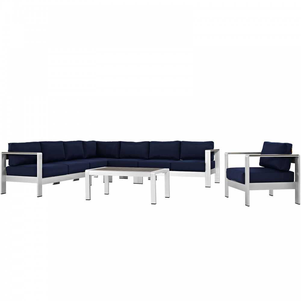 Shore 7 Piece Outdoor Patio Aluminum Sectional Sofa Set, Silver Navy