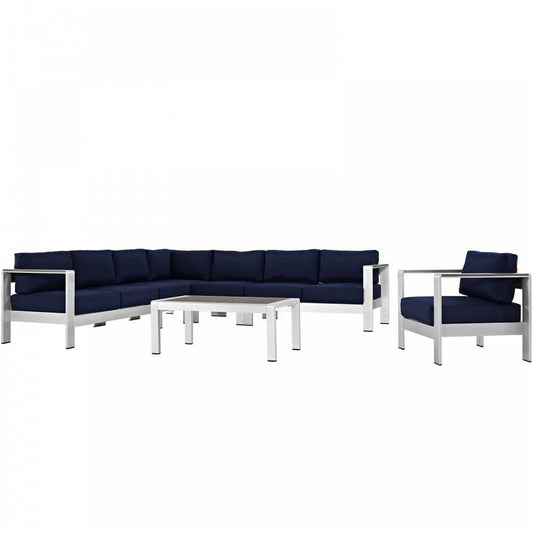 Shore 7 Piece Outdoor Patio Aluminum Sectional Sofa Set, Silver Navy