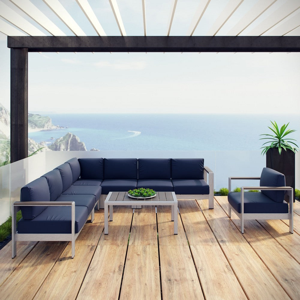 Shore 7 Piece Outdoor Patio Aluminum Sectional Sofa Set, Silver Navy