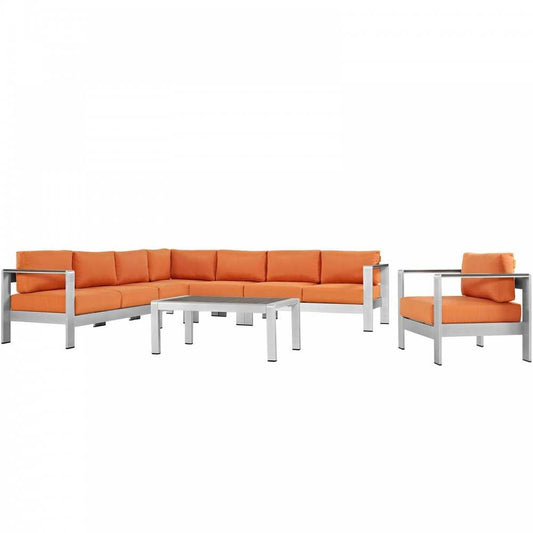 Shore 7 Piece Outdoor Patio Aluminum Sectional Sofa Set, Silver Orange