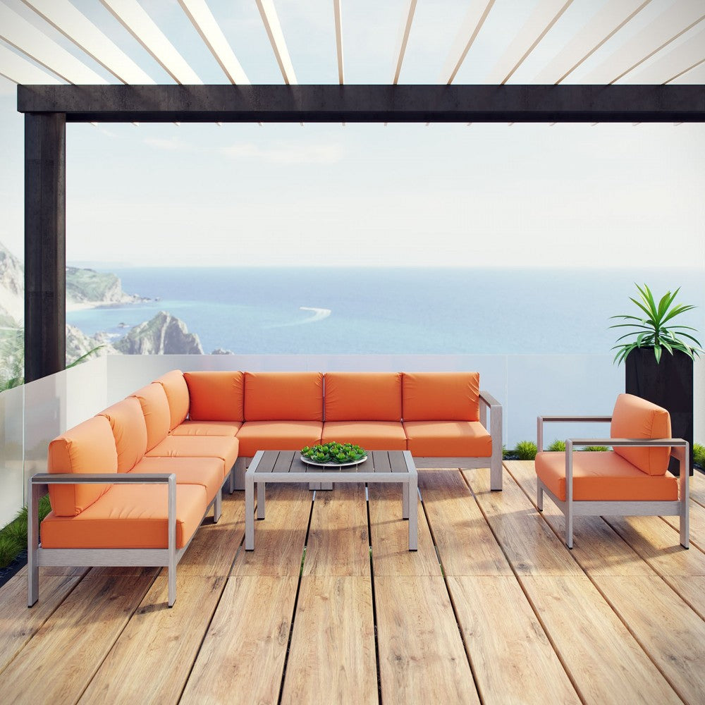 Shore 7 Piece Outdoor Patio Aluminum Sectional Sofa Set, Silver Orange