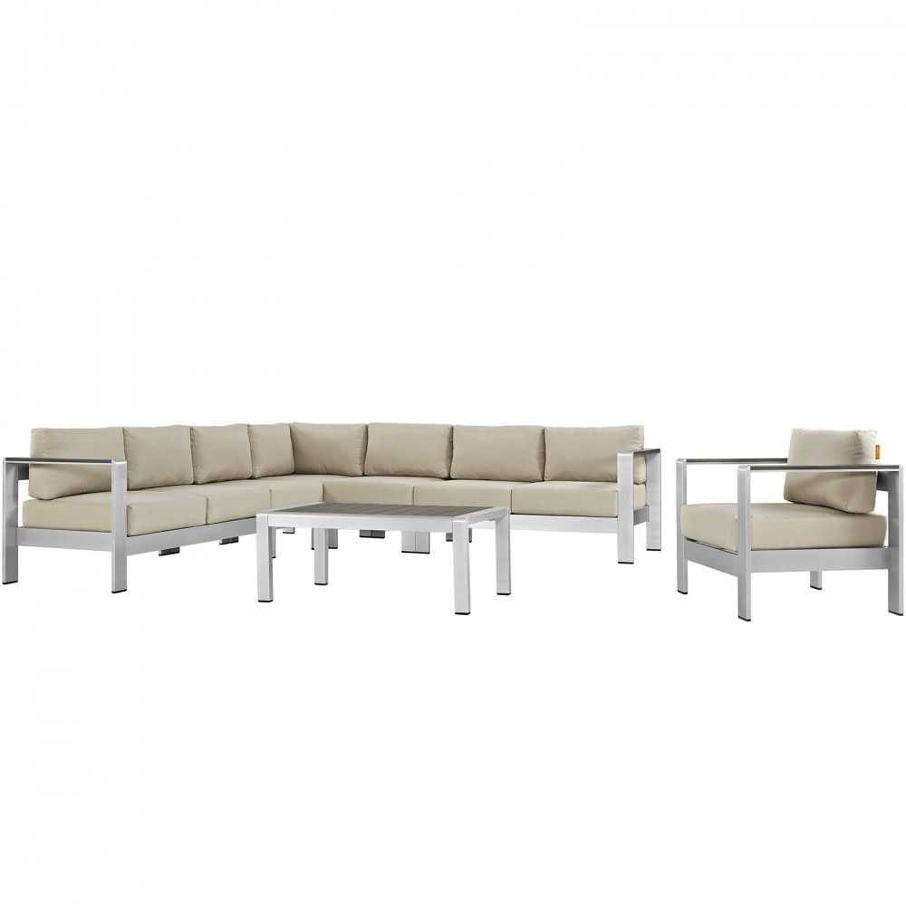 Shore 7 Piece Outdoor Patio Aluminum Sectional Sofa Set, Silver Beige